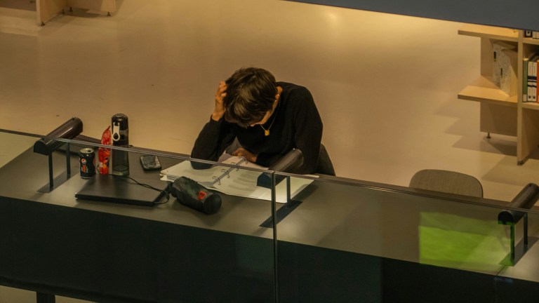 A person that's an expat in a library learning Dutch.