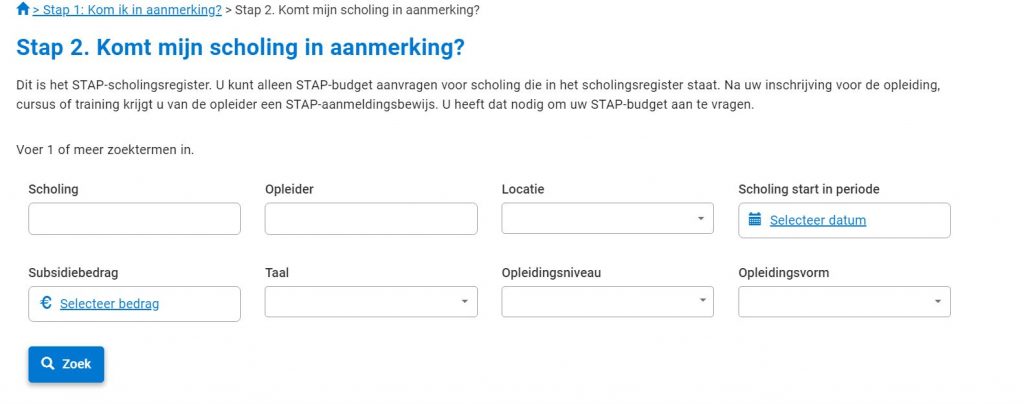 Screenshot of the online training registry in Dutch, STAP budget courses.