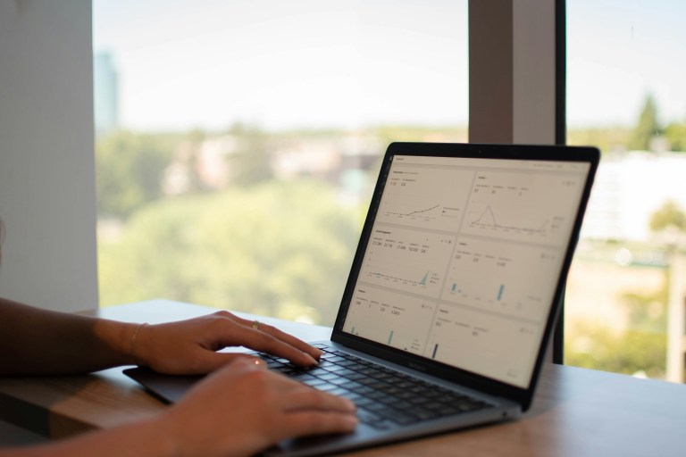 Person looking at laptop showing graphs about recruitment statistics in the Netherlands.